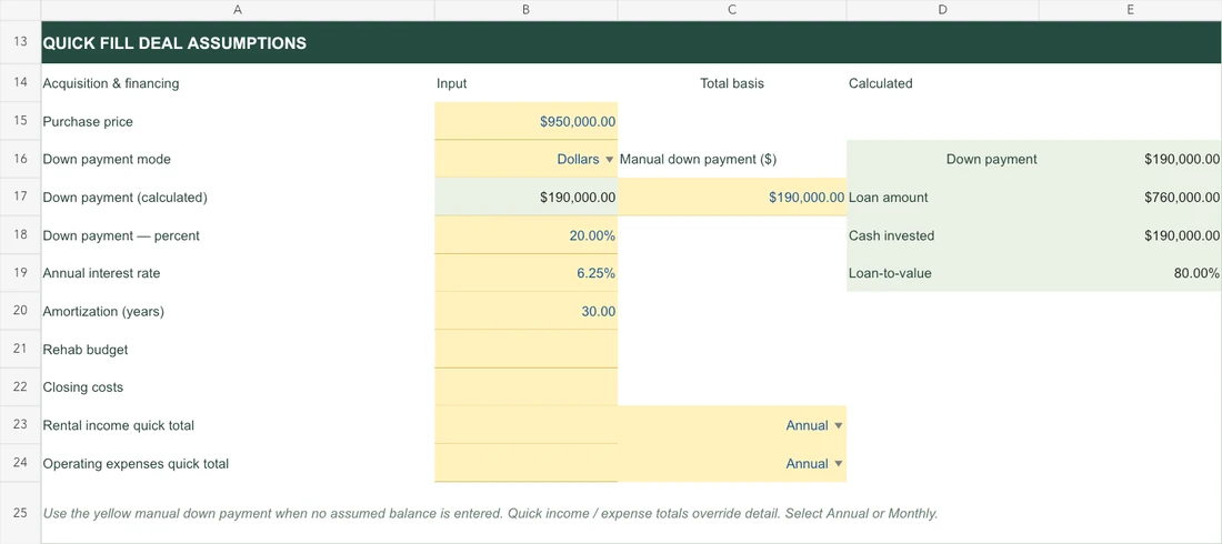 Editable input fields in the Excel Deal Calculator