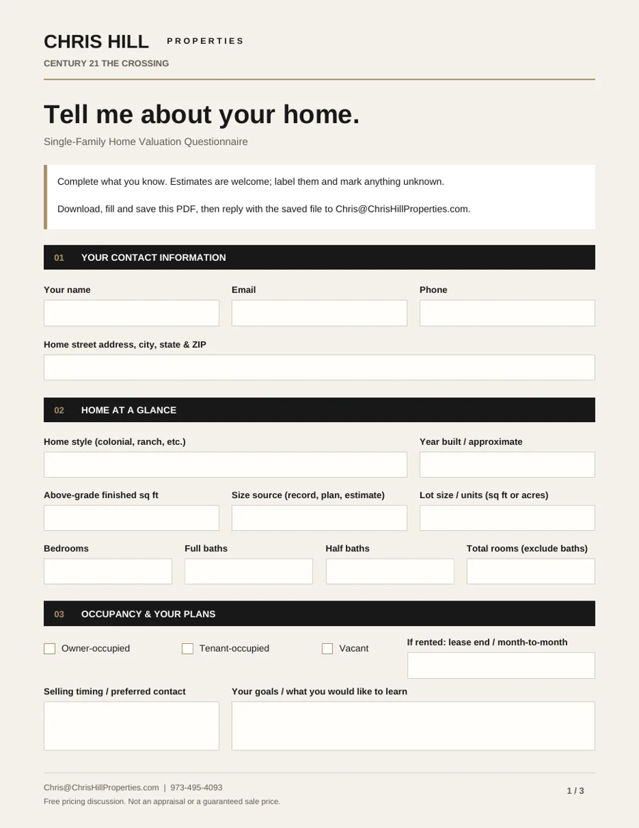 Blank single-family home valuation questionnaire, first page