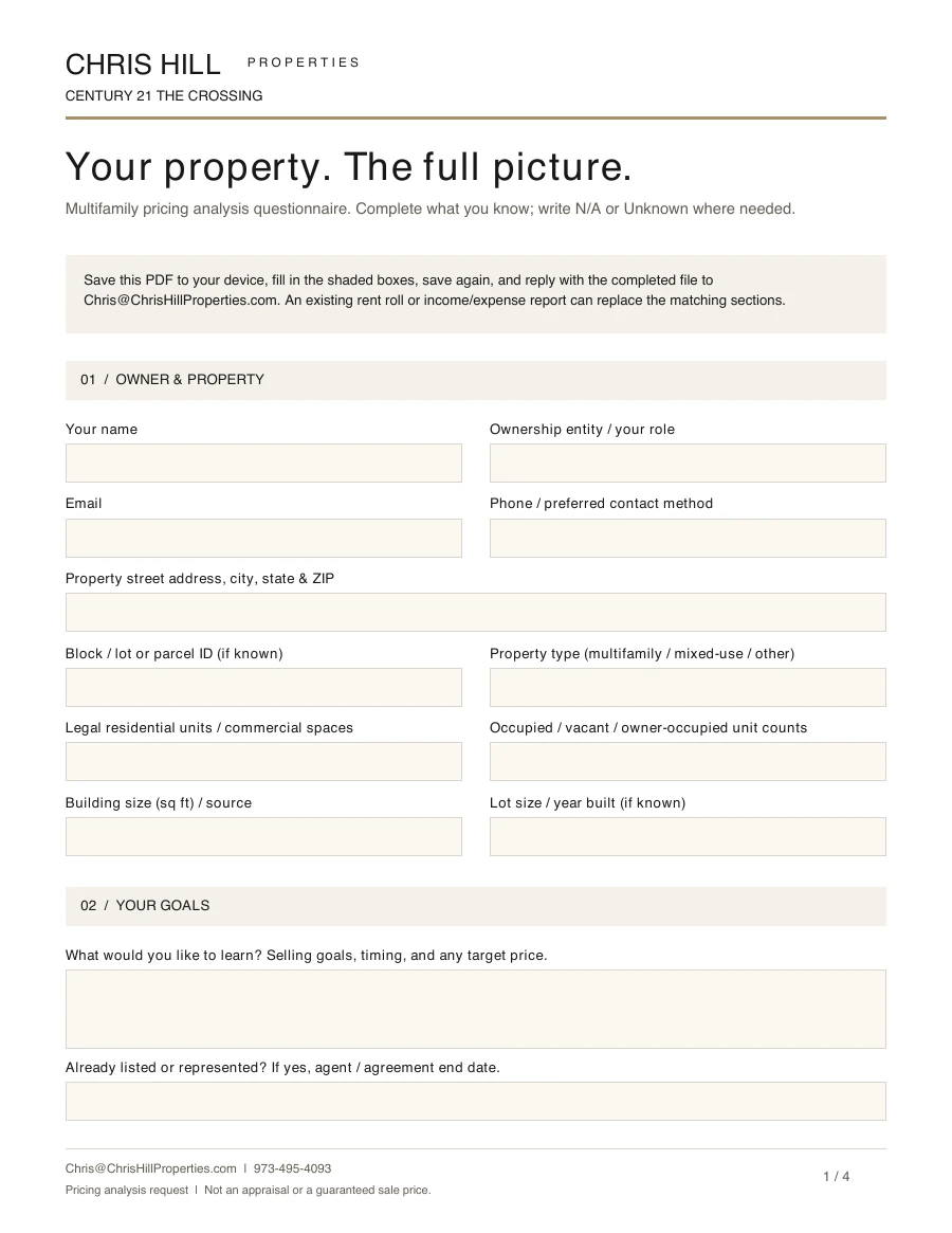 Blank fillable property questionnaire, first page